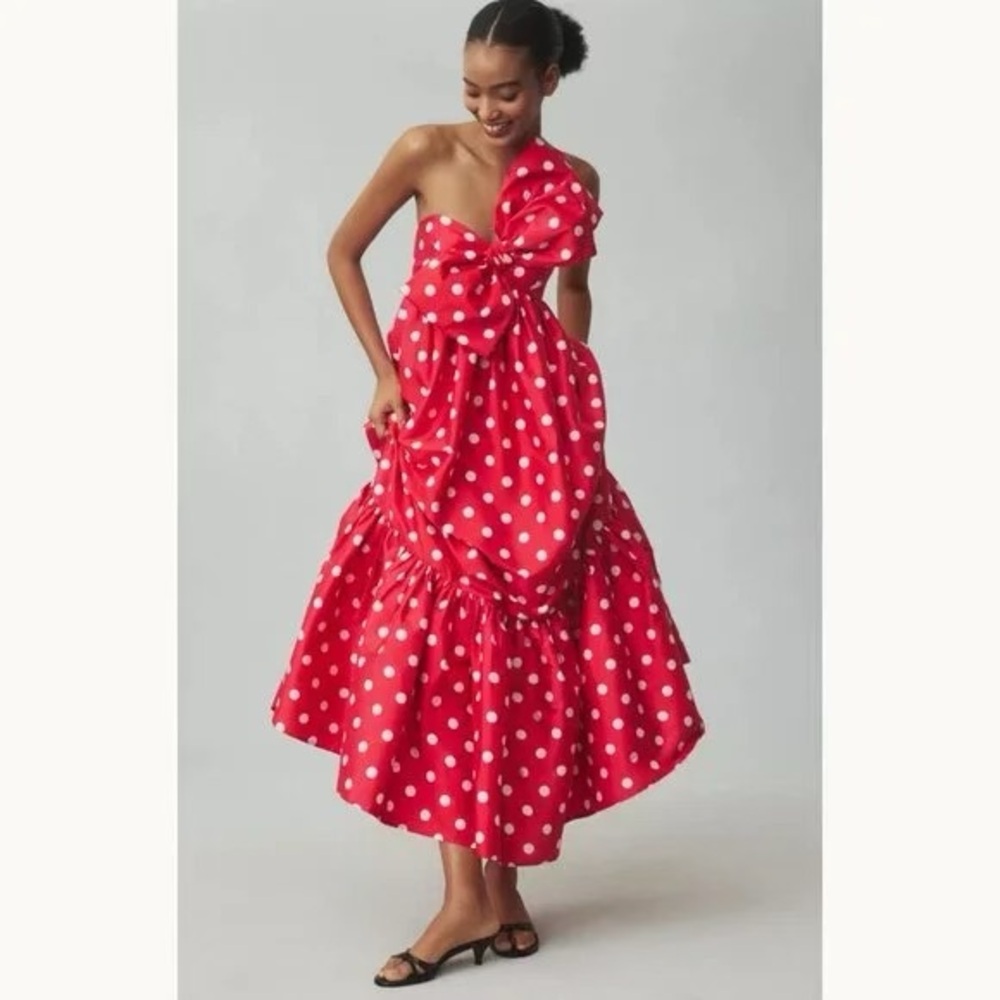 NWT Anthropologie Atsu Sally Bow One Strap Midi Dress Red White Polka Dot Size S